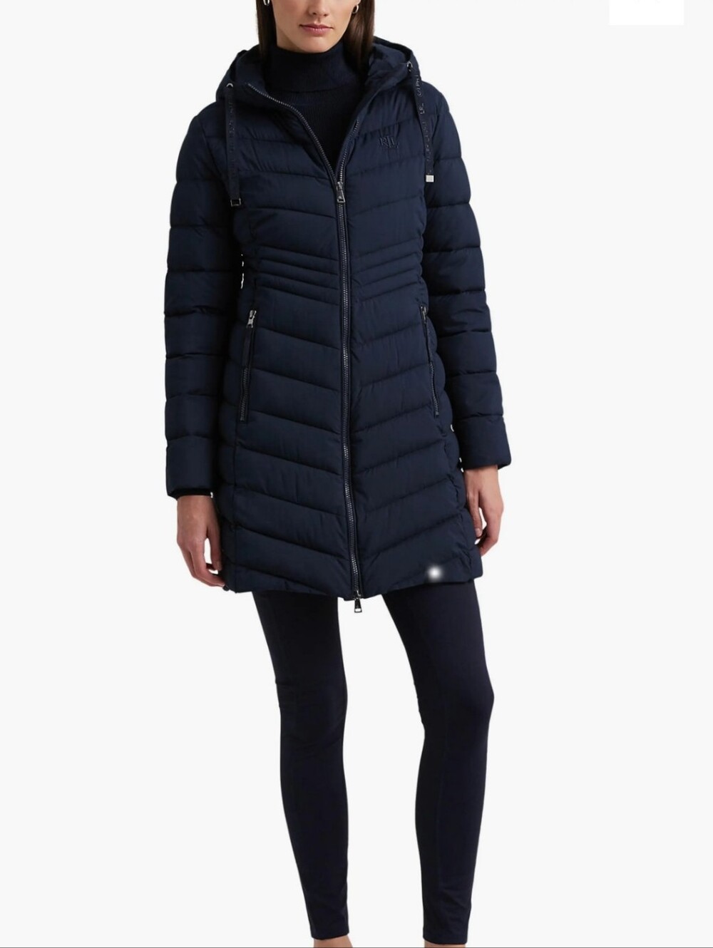Ralph Lauren Navy Blue Chevron Quilted Hooded Puffer Coat Jacket Size L